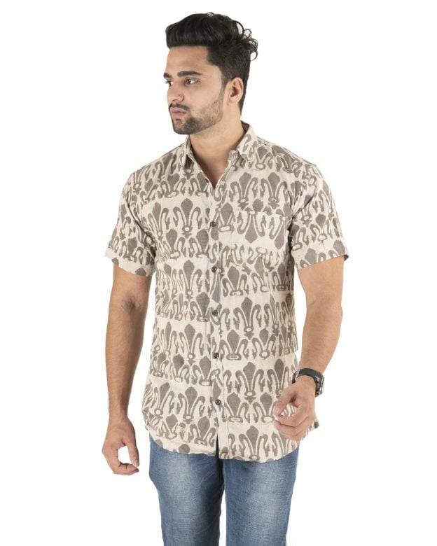 Cotton Beige Printed Half Sleeve Shirt - S