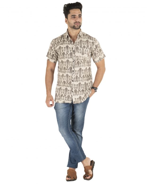 Cotton Beige Printed Half Sleeve Shirt