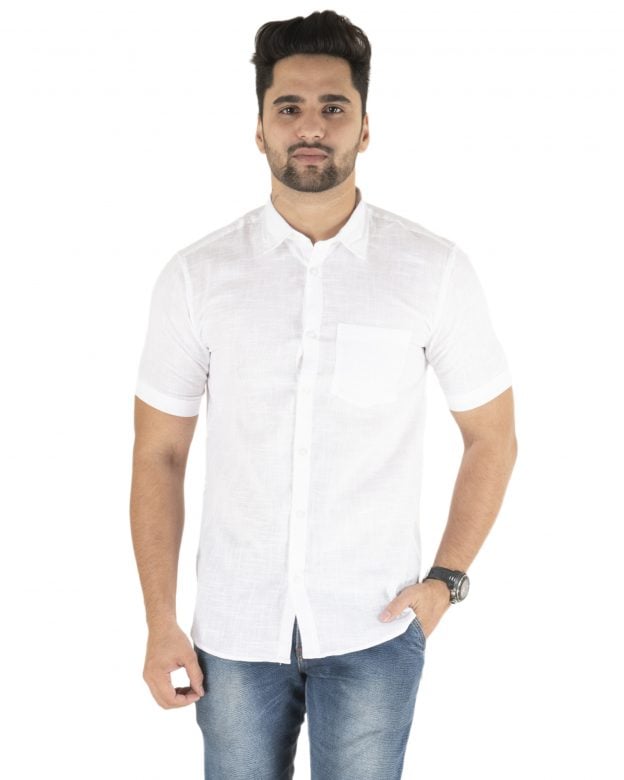 Cotton White Regular Fit Half Sleeve Shirt - S