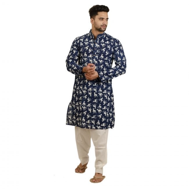 Handcrafted Cotton Blue Knee Long Kurta