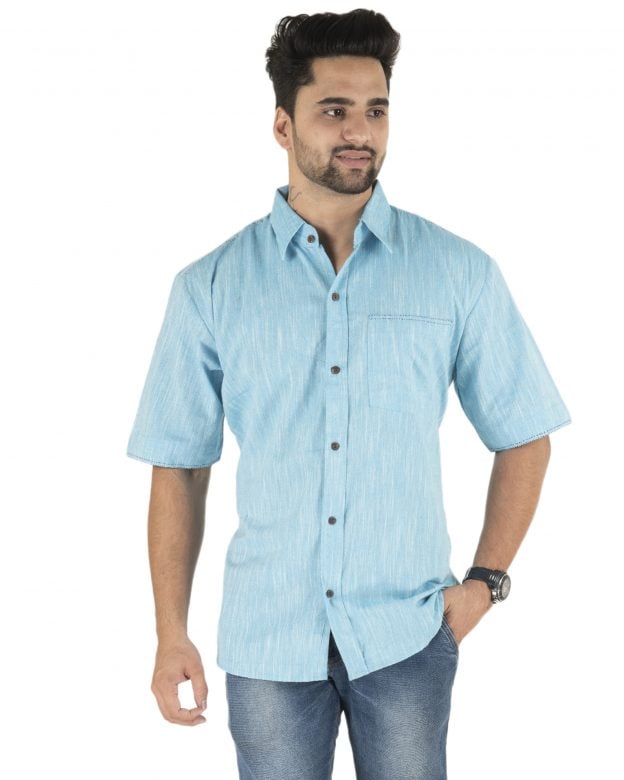 Cotton Blue Regular Fit Half Sleeve Shirt - S