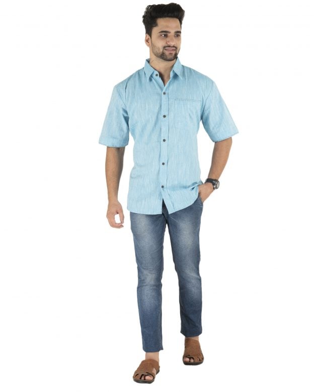Cotton Blue Regular Fit Half Sleeve Shirt - XL