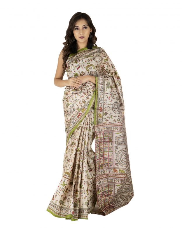 Bastar Screen Print Green & Red Tassar Silk Saree
