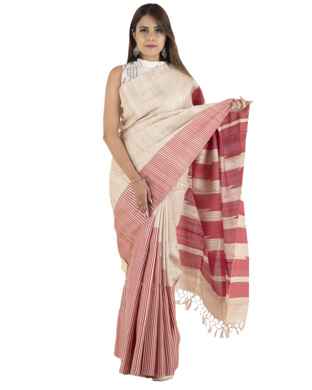 Cream Ghicha Body Temple Silk Saree