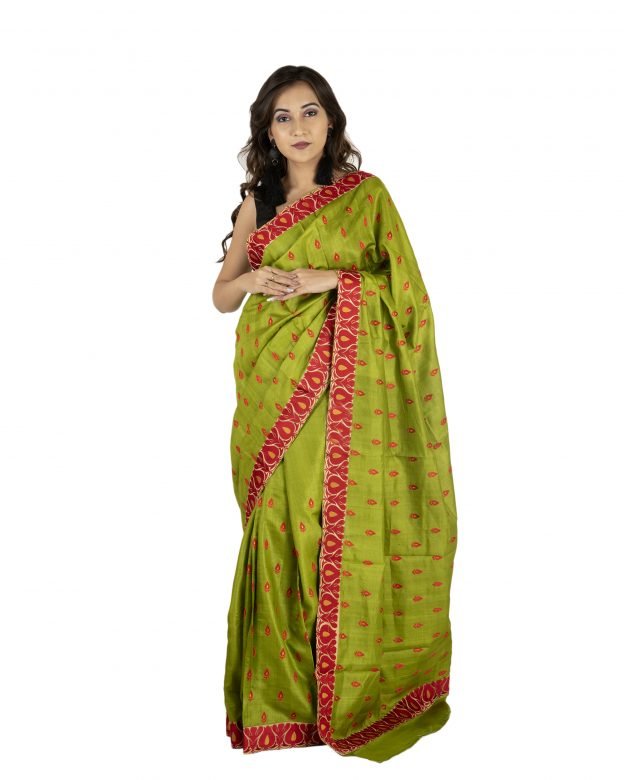 Lace Border Work Green & Red Tassar Silk Saree