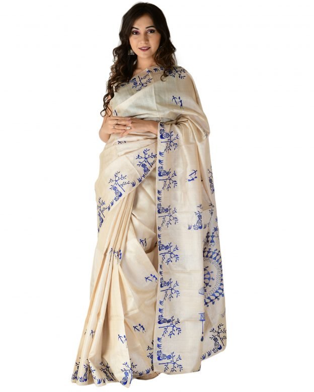 Bastar Art Work Coffee & Blue Tassar Silk Saree