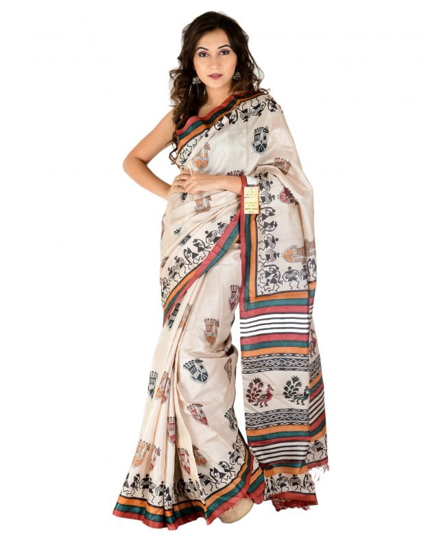 Tribes India Bastar Block Print Coffee & Black Tassar Silk Saree