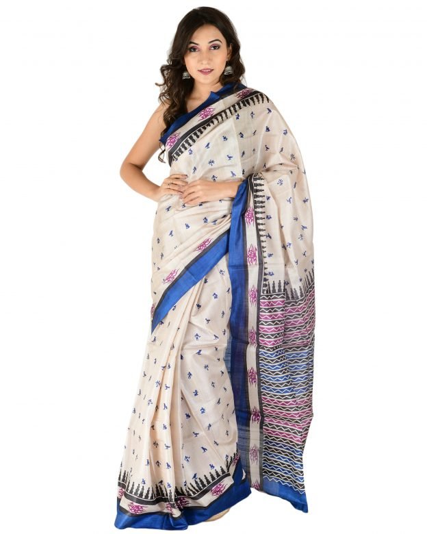 Batar Block Print Coffee & Blue Tassar Silk Saree
