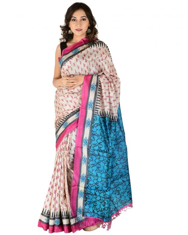 Batar Block Print Coffee & Pink Tassar Silk Saree