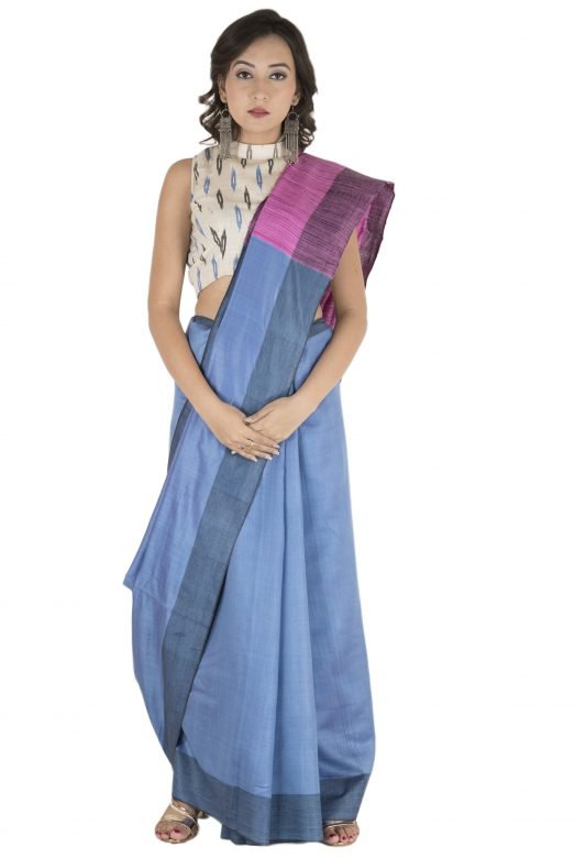 Sky Blue & Pink Ghicha Tassar Linen Saree