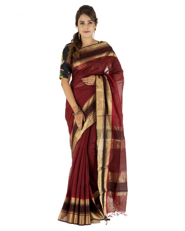 Cotton & Silk Maheshwari Chatayi Border Traditional Multicolor Plain Saree