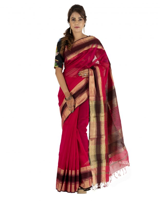 Cotton & Silk Maheshwari Chatayi Border Traditional Multicolor Plain Saree