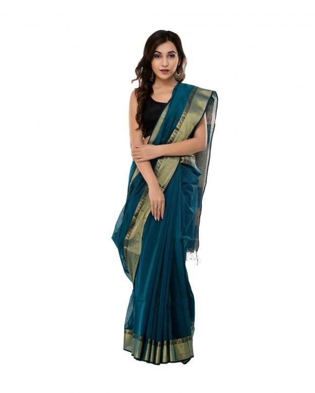 Maheshwari Karwat Plain Blue & Light Brown Silk Saree