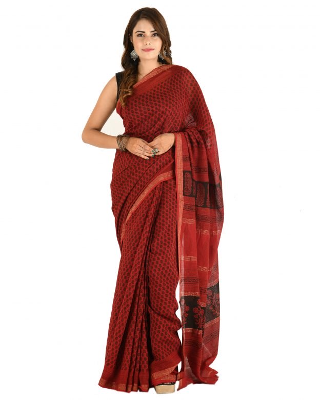 Traditional Cotton & Silk Maheshwari Border Maroon & Black Plain Saree