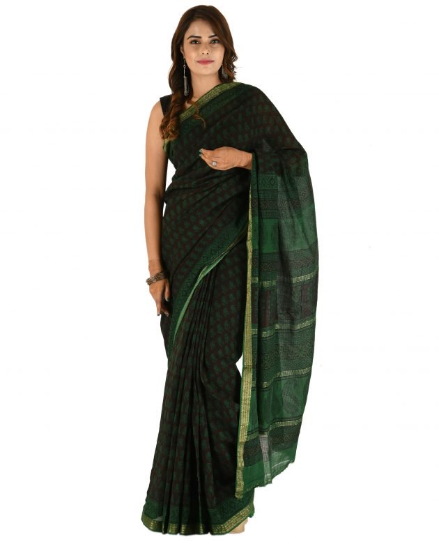 Traditional Cotton & Silk Maheshwari Border Green & Black Plain Saree