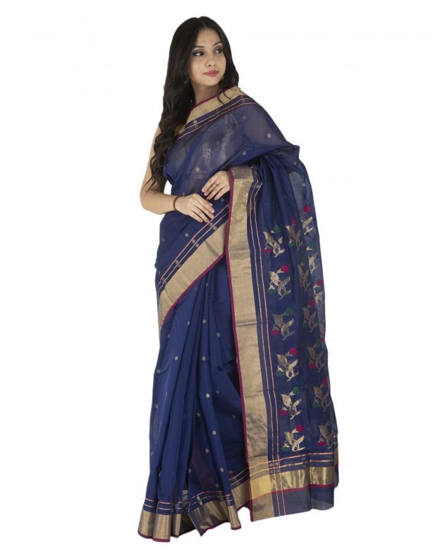 Jangla Chanderi Zari Navy Blue & Brown Silk Saree