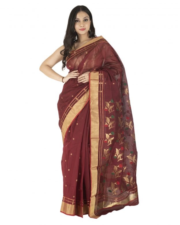 Jangla Chanderi Zari Maroon & Light Brown Silk Saree