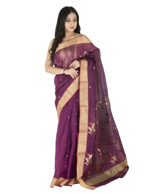 Jangla Chanderi Zari Purple & Light Brown Silk Saree