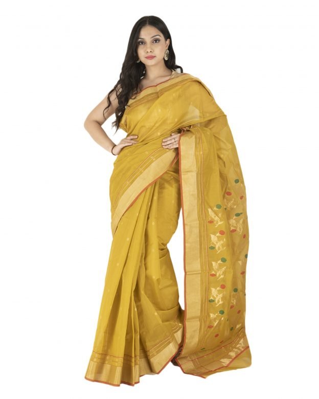 Jangla Chanderi Zari Light Brown & Red Silk Saree