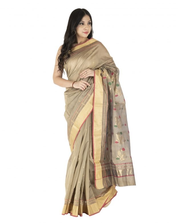 Jangla Chanderi Zari Grey & Light Brown Silk Saree