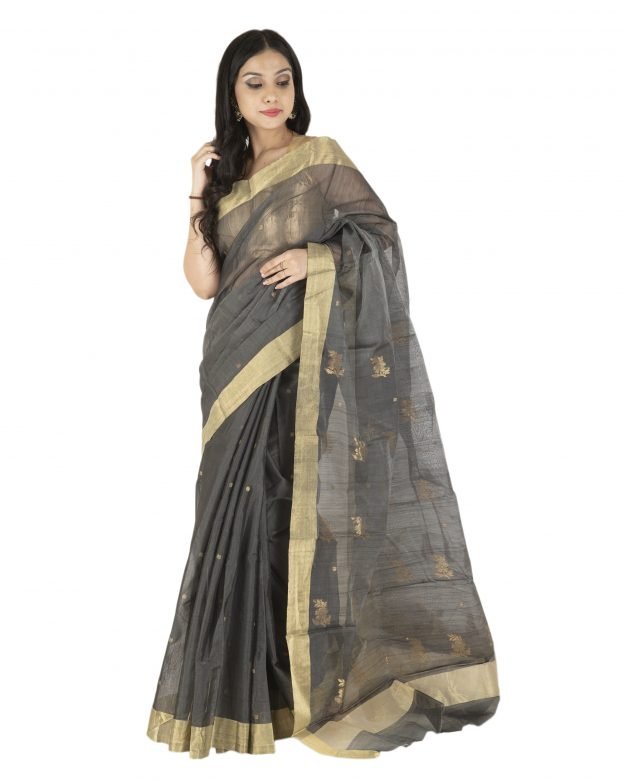 Shoulder Pallu Chanderi Zari Grey & Light Brown Silk Saree