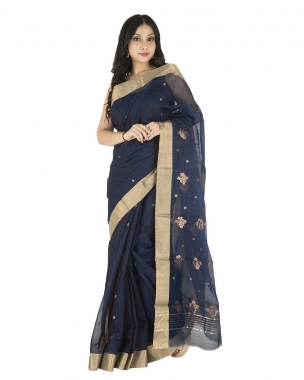 Shoulder Pallu Chanderi Zari Navy Blue & Light Brown Silk Saree