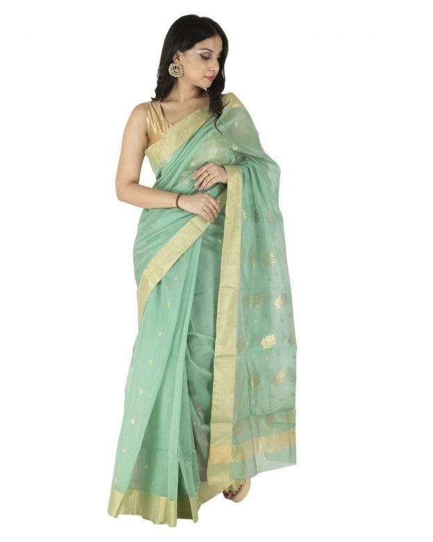 Shoulder Pallu Chanderi Zari Light Green & Light Brown Silk Saree