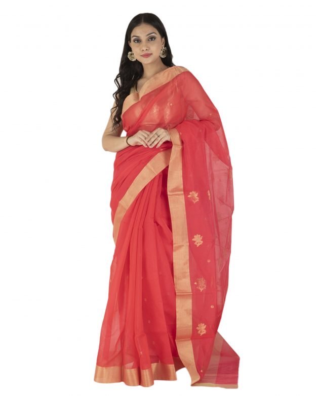 Shoulder Pallu Chanderi Zari Red & Light Brown Silk Saree