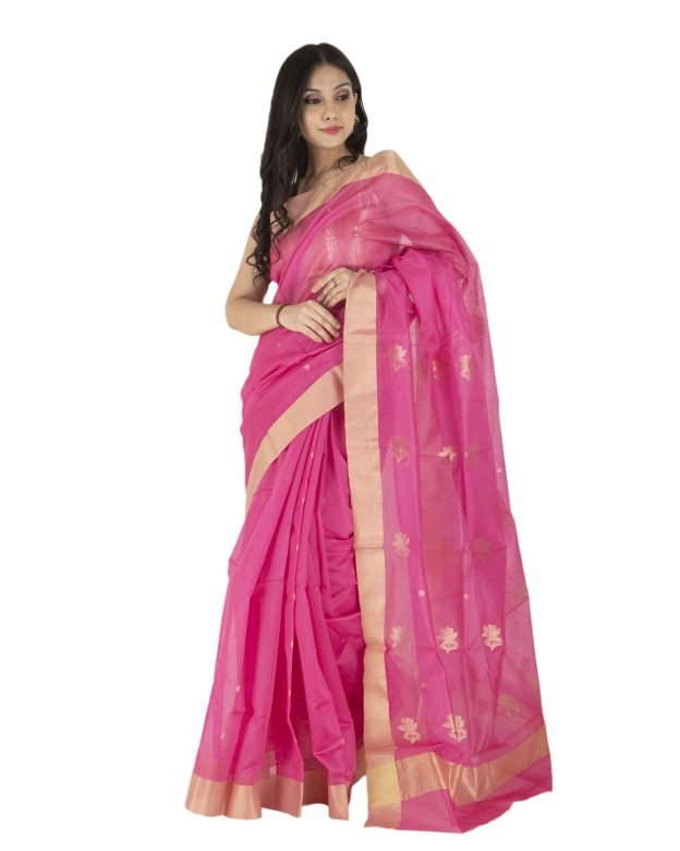 Shoulder Pallu Chanderi Zari Pink & Light Brown Silk Saree