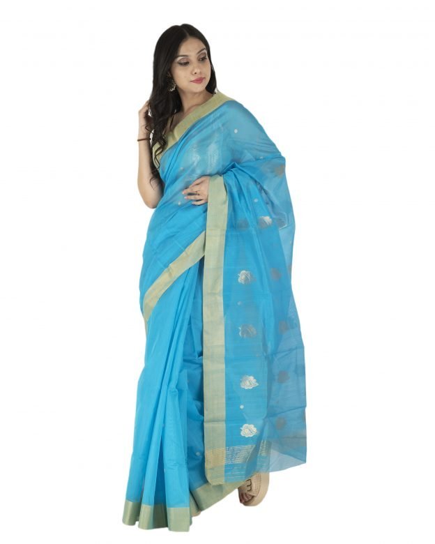 Shoulder Pallu Chanderi Zari Blue & Light Brown Silk Saree