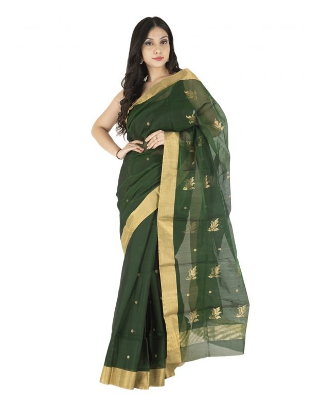 Shoulder Pallu Chanderi Zari Green & Light Brown Silk Saree
