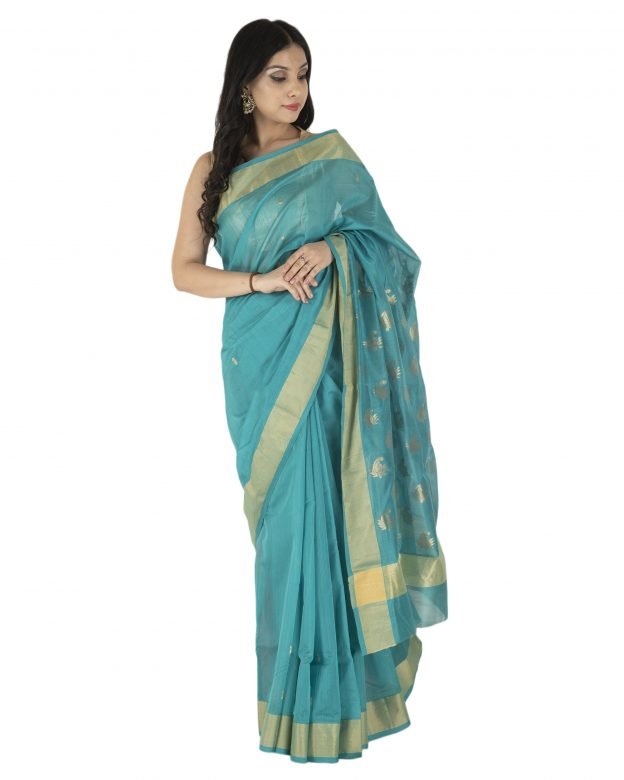 Kareena Chanderi Zari Sky Blue & Light Brown Silk Saree