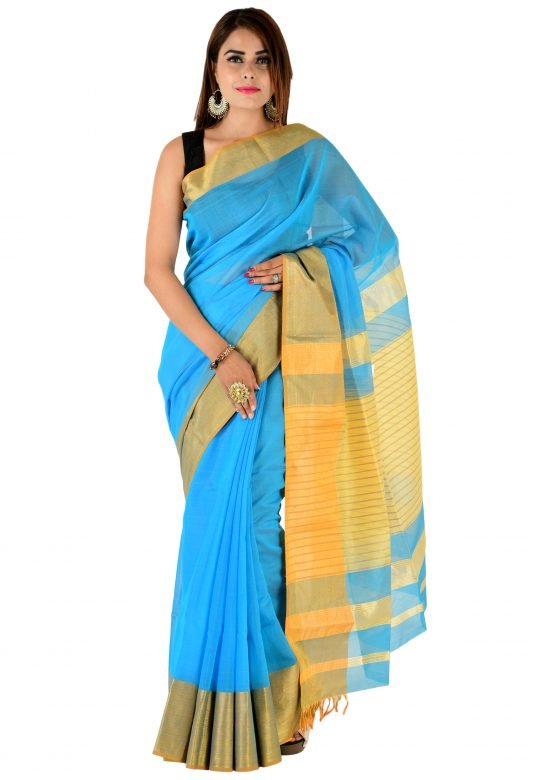 Handcrafted Blue Tussar Silk Maheshwari Choti Badi Border Saree