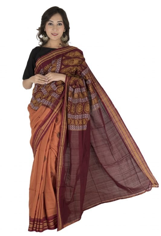 Maroon & Light Brick Red Sambalpuri Bonkai Cotton Saree