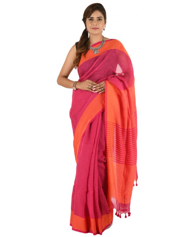 Pink Plain Stripes Linen Saree