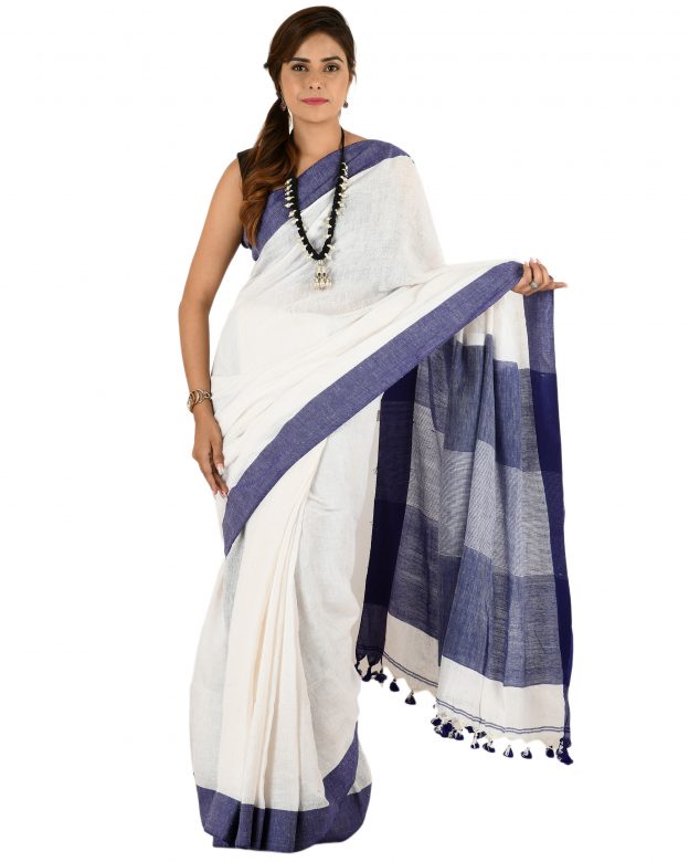 White Plain Stripes Linen Saree