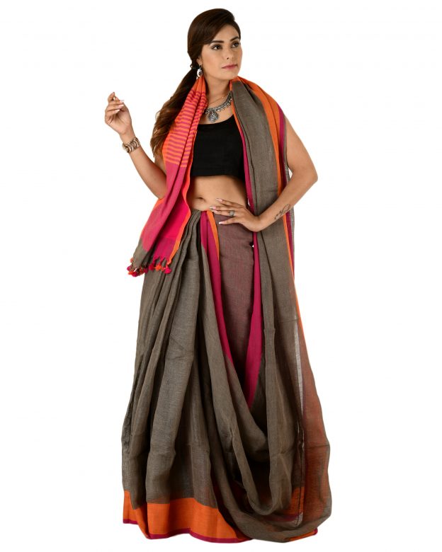 Grey Plain Stripes Linen Saree