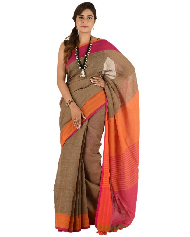 Brown Plain Stripes Linen Saree