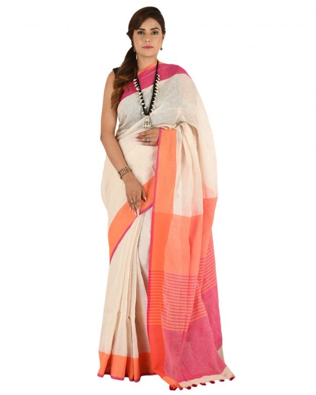 Off White Plain Stripes Linen Saree