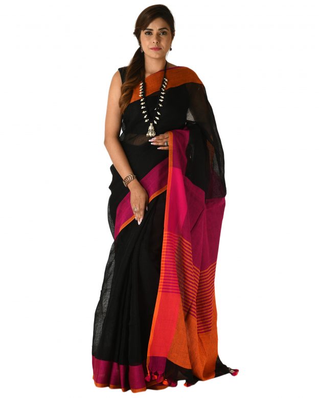 Black Plain Stripes Linen Saree