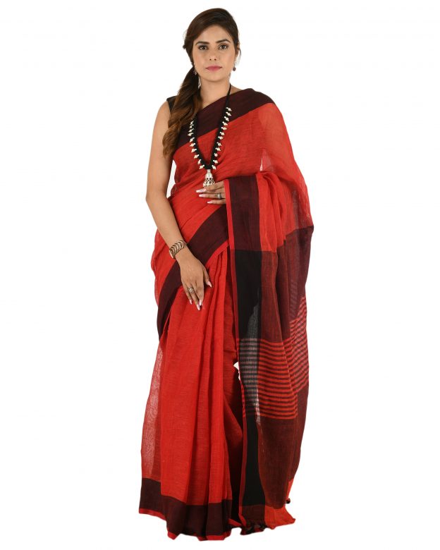 Red Plain Stripes Linen Saree