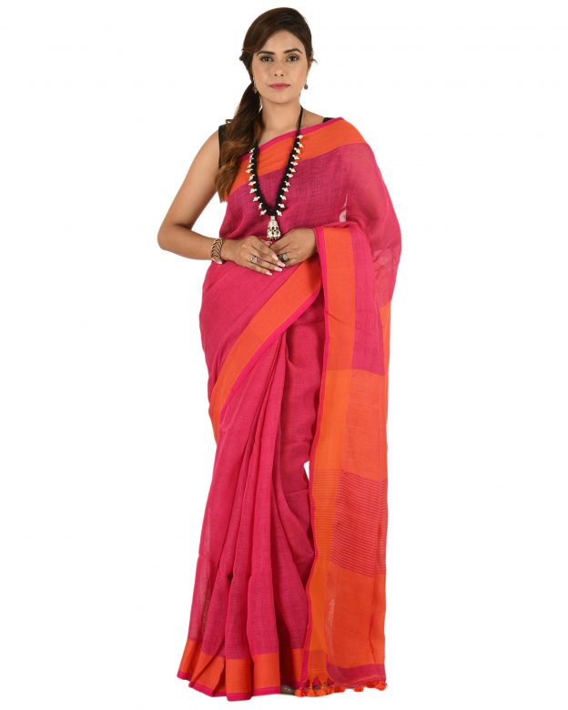 Pink Plain Stripes Linen Saree