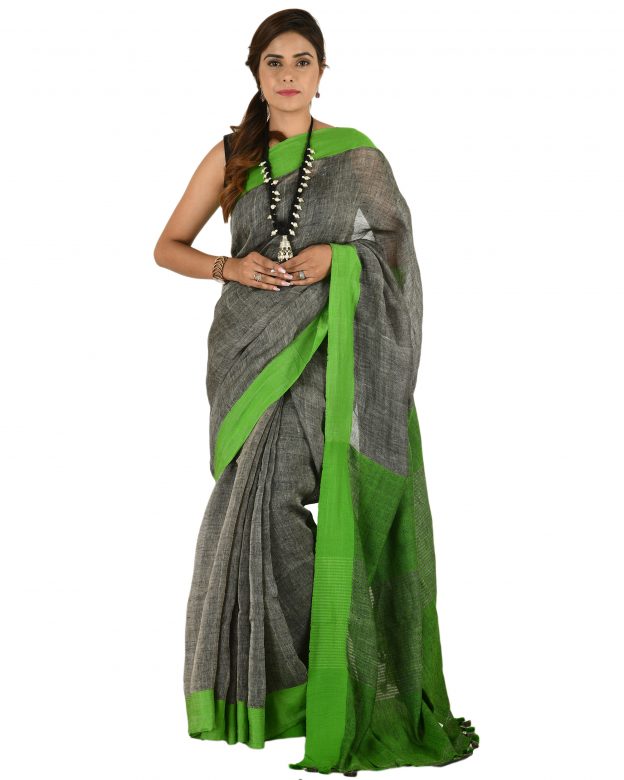 Grey Plain Stripes Linen Saree