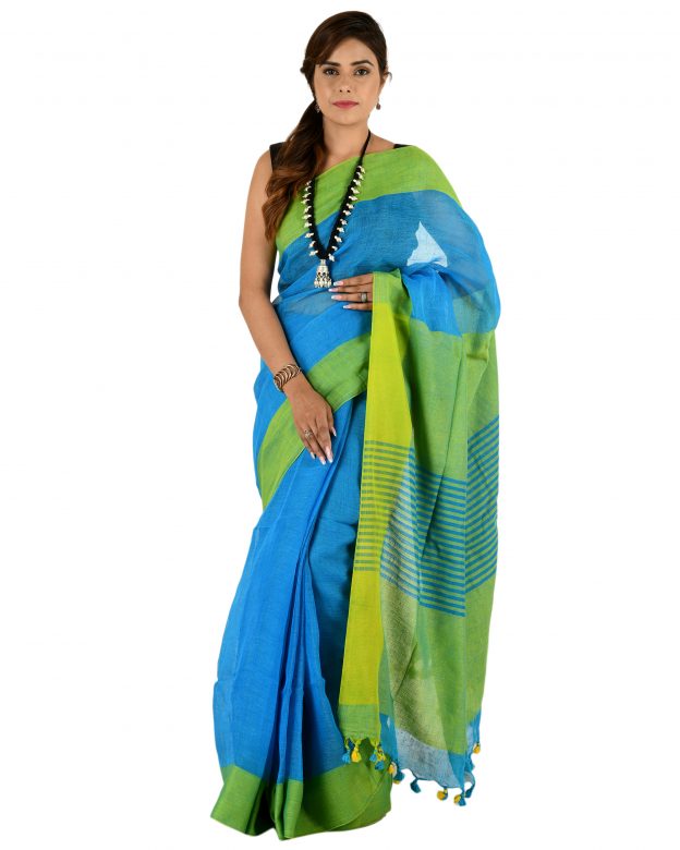 Blue Plain Stripes Linen Saree