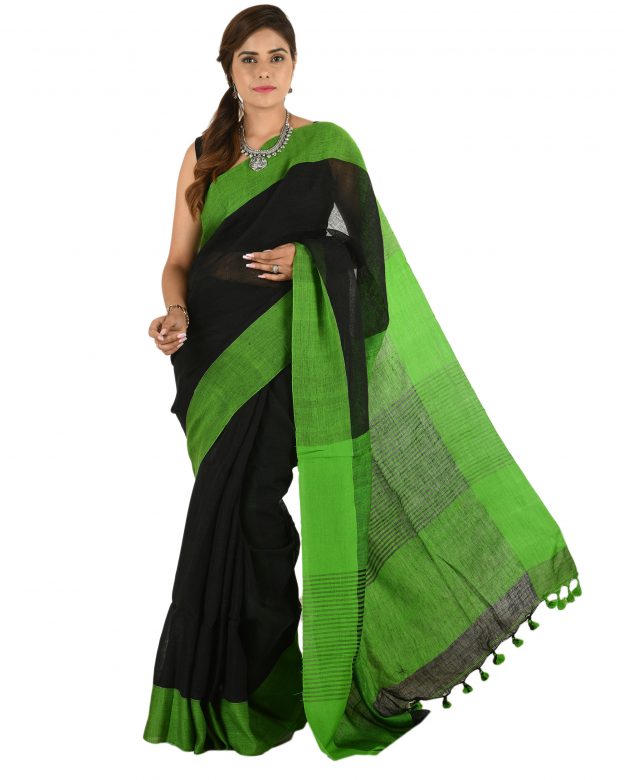 Black Plain Stripes Linen Saree