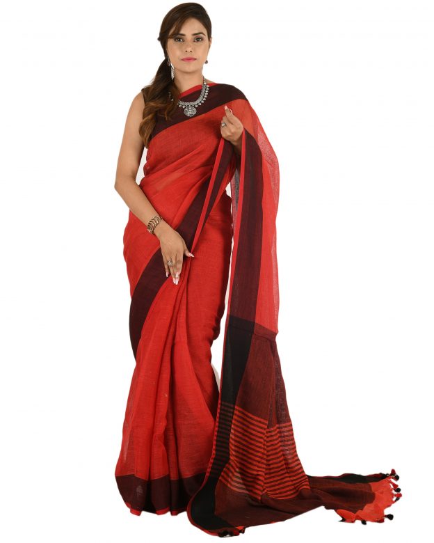 Red Plain Stripes Linen Saree