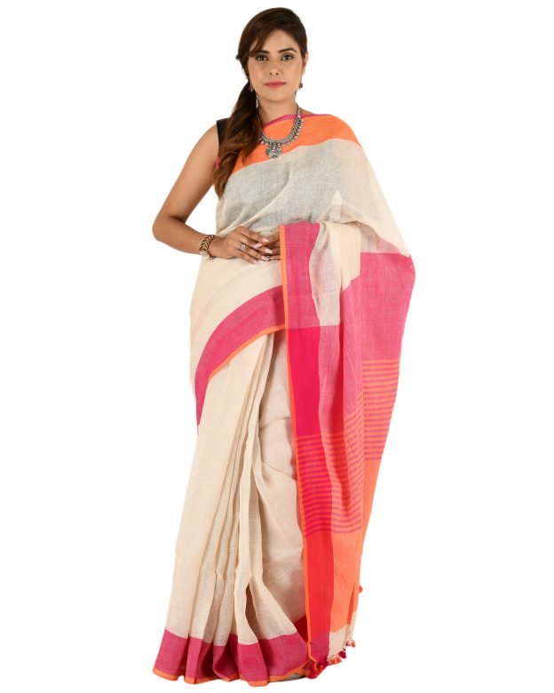 Off White Plain Stripes Linen Saree