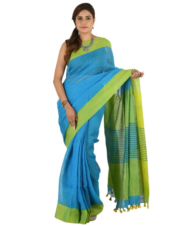 Blue Plain Stripes Linen Saree