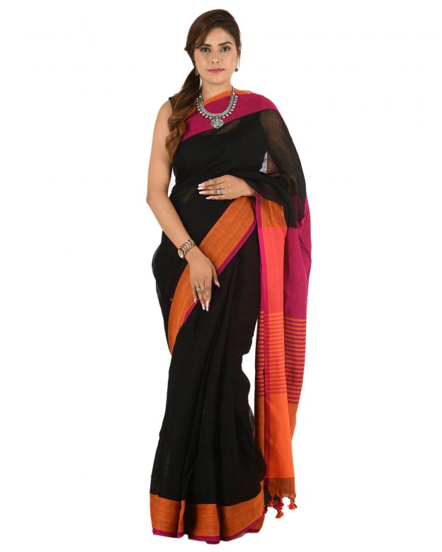 Black Plain Stripes Linen Saree