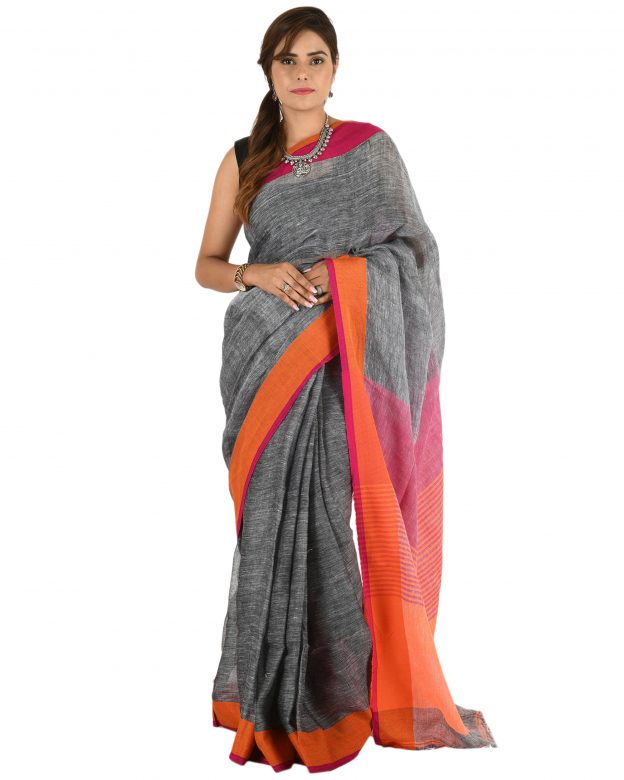 Grey Plain Stripes Linen Saree